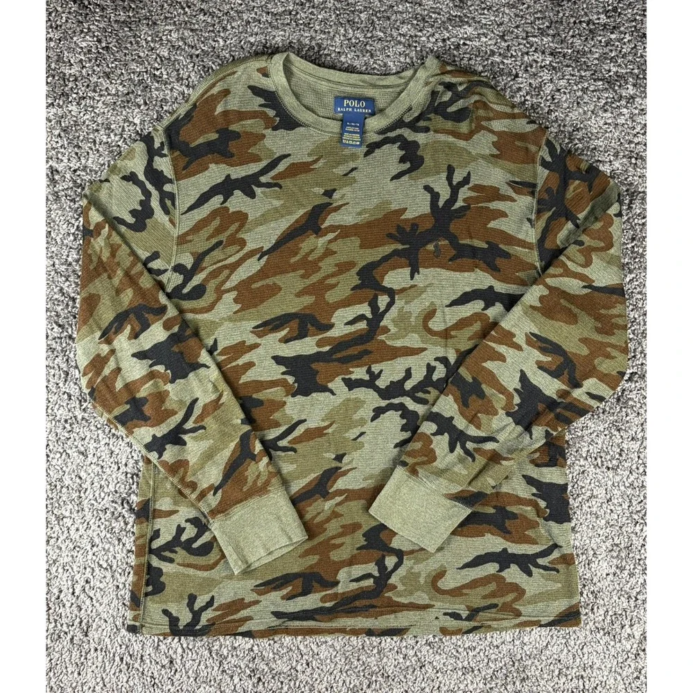 Polo Ralph Lauren Mens XL Camo Waffle Knit Thermal Long Sleeve Shirt Green Brown